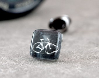 Small bike pin, Bicycle gift for husband, Square tie tack for biker, Unique men jewelry, Men's accessories, White bicycle lapel pin