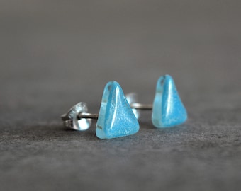 Turquoise triangle earrings, Enamel glass and sterling silver posts, Small earrings stud