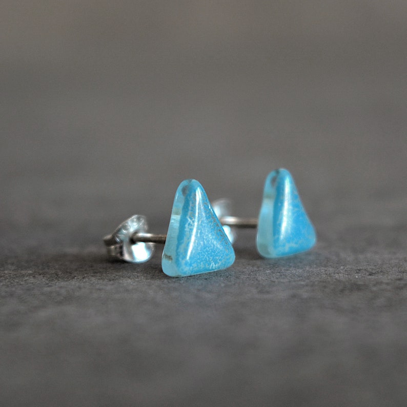 Turquoise triangle earrings, Enamel glass and sterling silver posts, Small earrings stud image 1