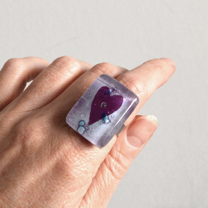 Oversized fun glass ring, Purple or black heart, Love jewelry, Rectangle ring for her, Mothers Day gifts under 50 image 2