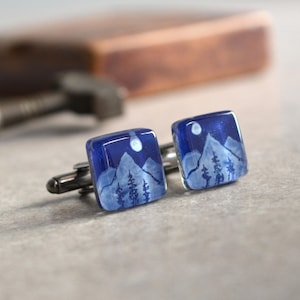 Gemelos de montaña y pinos, Regalos de aventura para él, Accesorios únicos para hombre, Gemelos de viaje para bodas al aire libre, Joyas para hombre