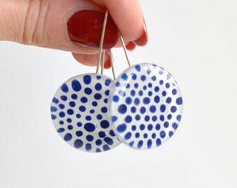 Retro earrings, Polka dot disc earrings dangle, Cobalt blue dots, Modern fun jewelry, Birthday gifts for daughter, Gifts under 50 for sister