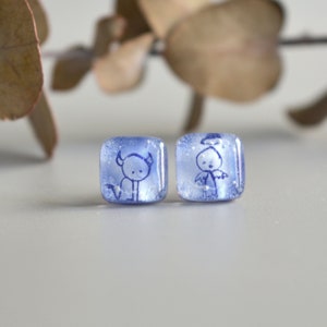 Quirky devil and angel earrings, Sterling silver and glass, Gift for him, Gifts for boyfriend under 50, Weird earrings unisex Blue