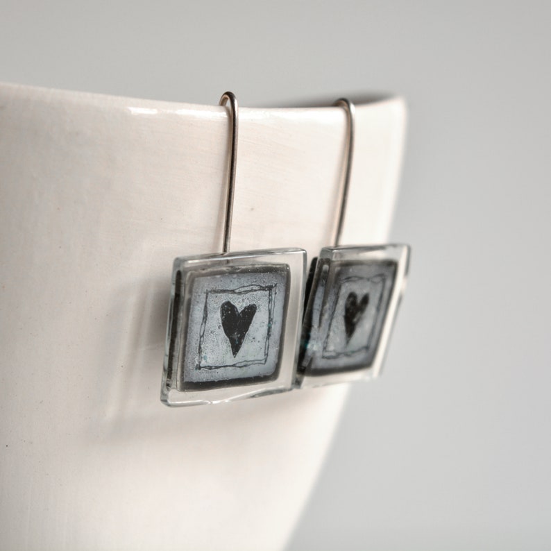 Fused glass heart earrings, black and gray square glass, Sterling silver hook, Unique dangle earrings, Eco friendly Mothers day gift image 6
