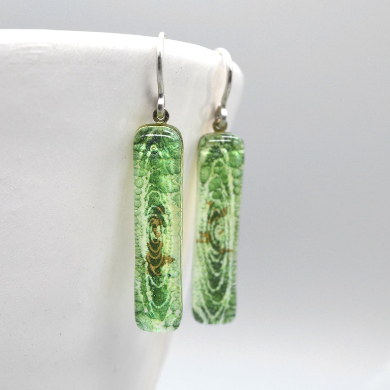 Green fused glass earrings dangles, Sterling Silver, Colorful rectangle bar earrings, Unique jewelry Gift Under 50 for Sister, Eco gifts image 1