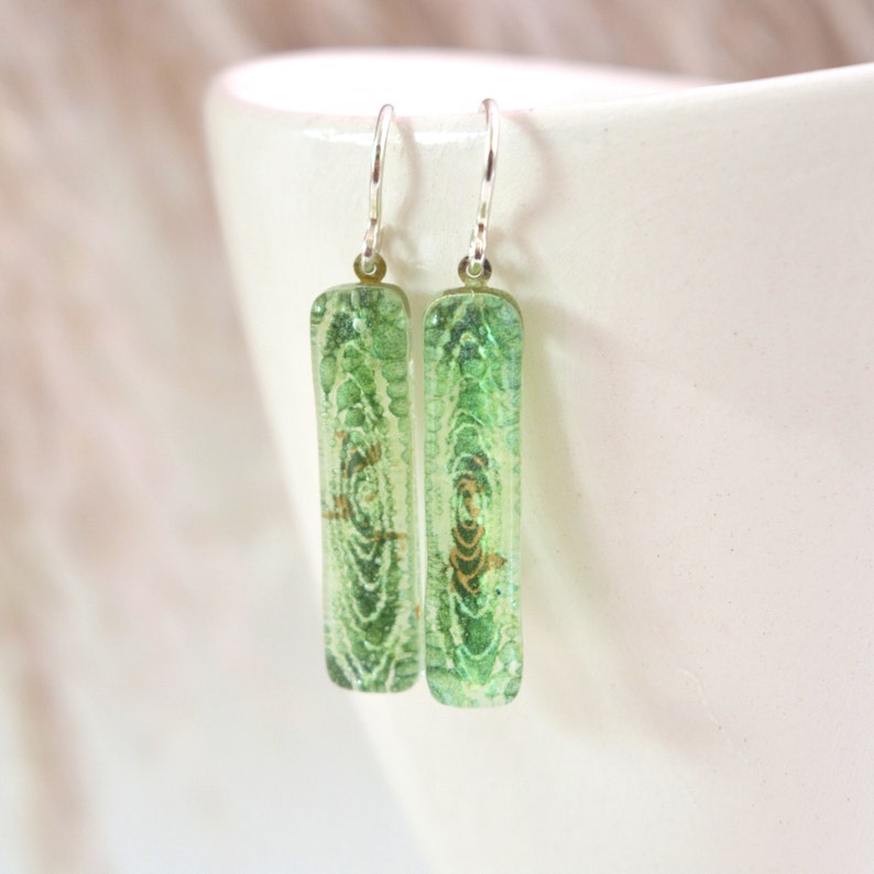 Green fused glass earrings dangles, Sterling Silver, Colorful rectangle bar earrings, Unique jewelry Gift Under 50 for Sister, Eco gifts image 9