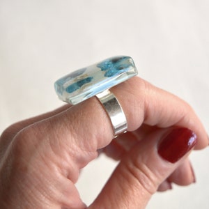 Big aqua blue fused glass ring, Adjustable abstract statement ring, Chunky rings for women, Unique gift for sister, Gifts under 50 image 3