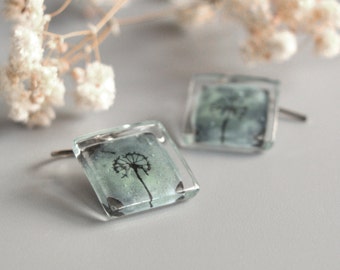Dandelion dangle earrings, Gray green, Sterling silver and fused glass jewelry, Sustainable gifts for sister, Unique gifts under 50
