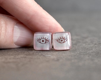 Eye Stud Earrings, Sterling Silver 925 and Hand Painted Glass, Mystical jewelry Gift