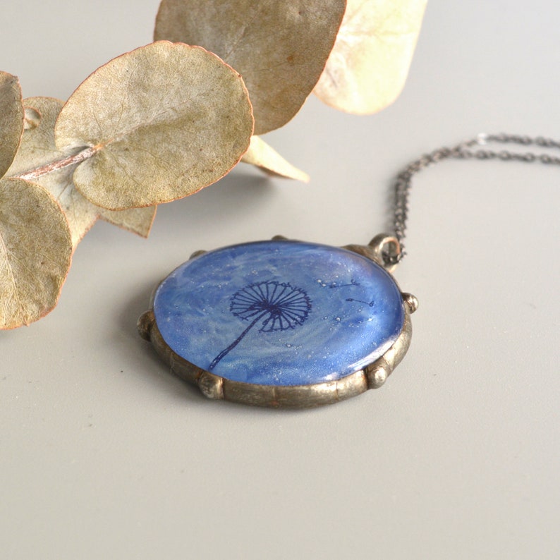 Blue dandelion necklace, Fused glass pendant, Unique art jewelry, Stained glass, Hand painted make a wish necklace, Nature gift for women image 3