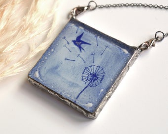 Dandelion pendant necklace, Stained glass statement jewelry, Unique Anniversary gifts for wife, Nature lovers birthday gifts under 50