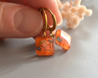 Tiny dangle earrings orange fern charm, Golden huggie hoop, Fused glass earrings, Unique gift for girl friend, Gifts under 50