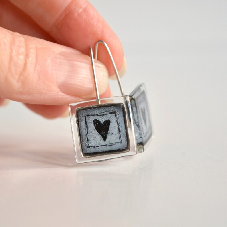 Fused glass heart earrings, black and gray square glass, Sterling silver hook, Unique dangle earrings, Eco friendly Mothers day gift image 2