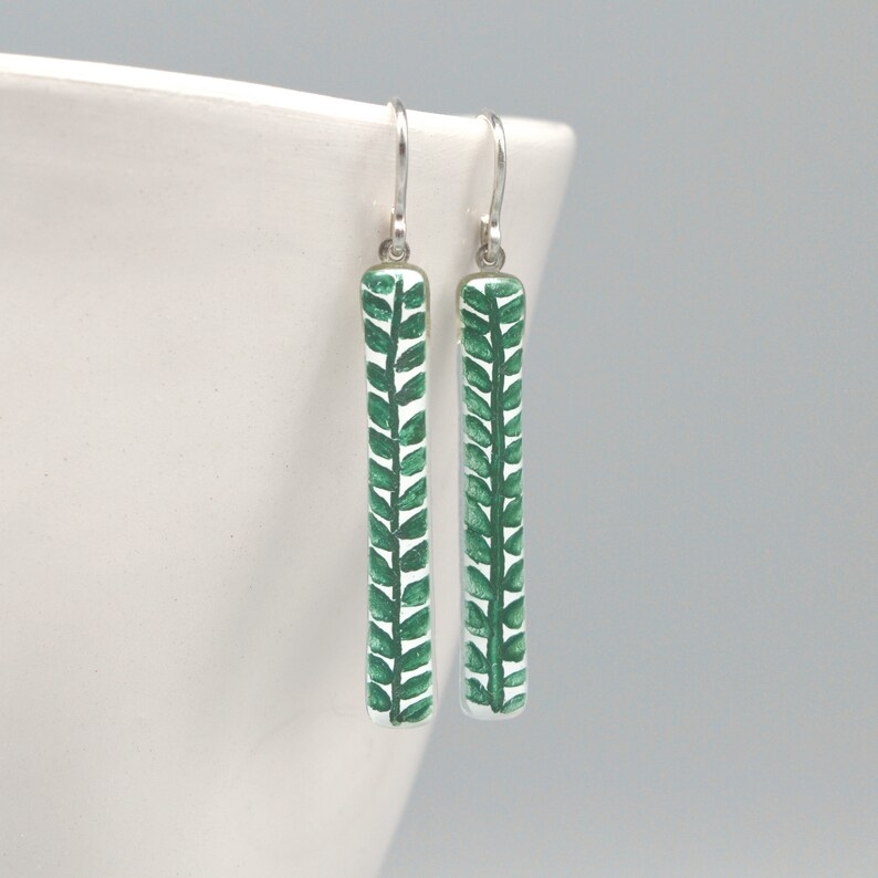 Leaf dangle earrings, Blue or Green, Enamel on glass, Sterling silver hooks, Jewelry gift for nature lovers, Unique gifts for women image 2