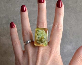 Hand-Painted Ring, Chunky Mustard Yellow Glass, Adjustable Band