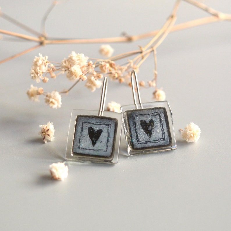 Fused glass heart earrings, black and gray square glass, Sterling silver hook, Unique dangle earrings, Eco friendly Mothers day gift image 1