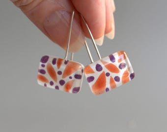 Abstract Leaves Fused Glass Earrings Burnt Orange Purple, Sterling Silver Hooks