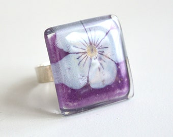 Magnolia flower ring, Recycled glass and sterling silver, Hand painted, Nature inspired gift, Unique jewelry, Bold square ring, Eco gifts