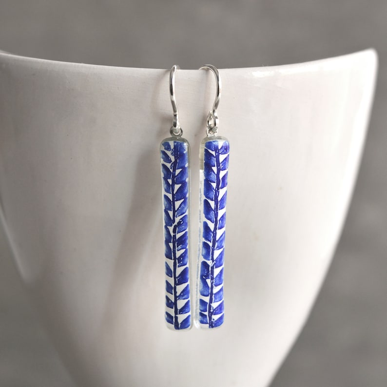 Leaf dangle earrings, Blue or Green, Enamel on glass, Sterling silver hooks, Jewelry gift for nature lovers, Unique gifts for women image 1