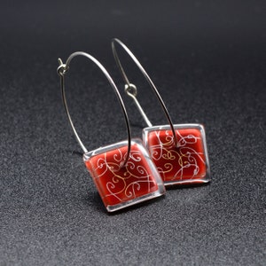 Large hoop earrings, Sterling silver hand painted red vine, fused glass jewelry, Earrings for everyday, Artisan gifts for women,