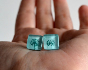 Dandelion earrings stud, Make a Wish flower jewelry, Sterling silver, Modern fused glass, Nature birthday gifts under 50 for sister, friend