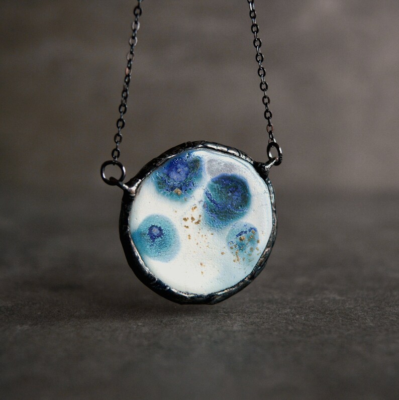 Unique gifts for women Turquoise full moon necklace Handpainted with enamels Stained glass jewelry