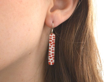 Red polka dot bar earrings, Recycled glass & sterling silver, Sustainable gifts for women