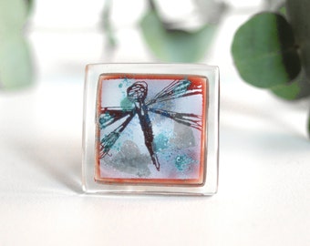 Dragonfly ring for women, Unique gift for art lover, One-of-a-kind forest jewelry, Adjustable chunky statement ring for index finger