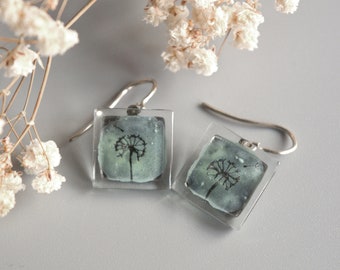 Dandelion dangle earrings, Gray green, Sterling silver and fused glass jewelry, Sustainable gifts for sister, Unique gifts under 50