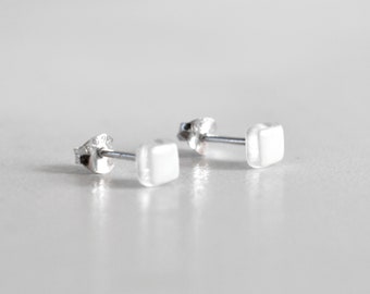 White mini earrings, Tiny dainty enamel on glass stud, Sterling silver posts, Unique gift for sister or friends woman, Eco gifts under 50