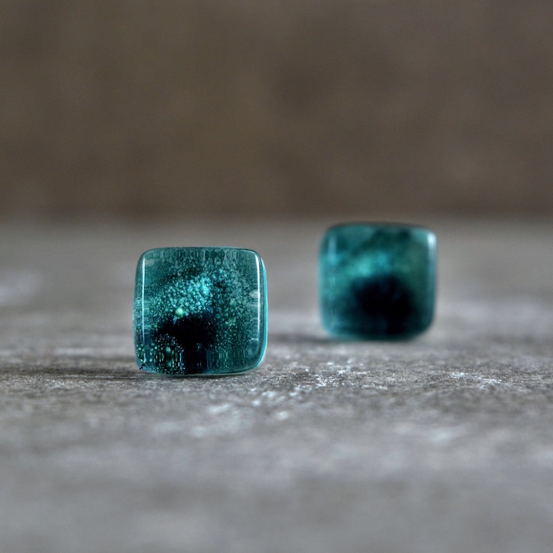 Recycled glass and sterling silver Artisan gift for women Art jewelry Small glass emerald green earrings
