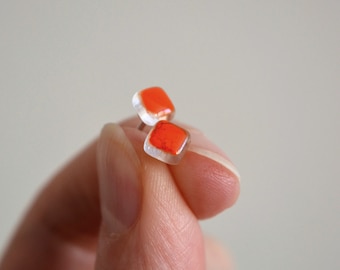 Orange mini earrings stud, Tiny glass and sterling silver earrings, Enamel jewelry, Unique gift for daughter, Birthday gifts for girls