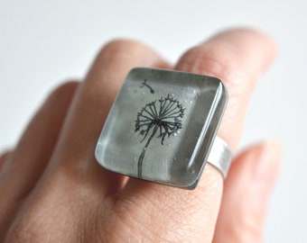 Chunky glass ring with hand painted dandelion, Fused glass jewelry, Cocktail ring, Unique gift for women