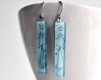 Cute fairy dangle drop earrings, Rectangle bar earrings, Unique gift for mom, Sustainable recycled glass jewelry, Mother's day gift under 50