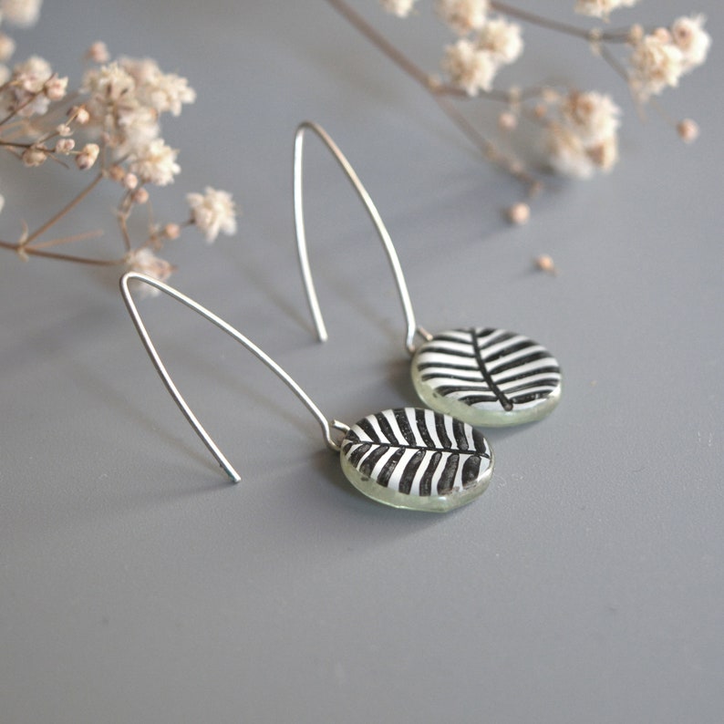 Tropical leaf earrings dangles, Disc earrings black white dangle drop, Fused glass enamel jewelry, Sustainable eco gifts under 50 for women image 3