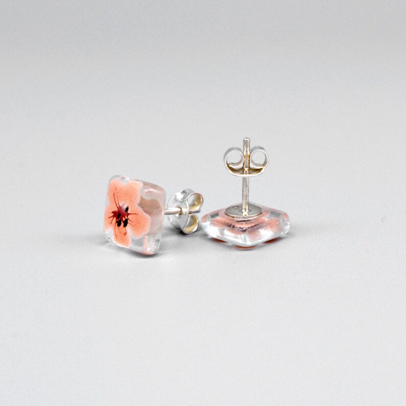 Sakura stud earrings, Peach pink cherry blossom, Hand painted flower on glass, Unique enamel earrings, Sterling silver, Floral gifts for her image 7