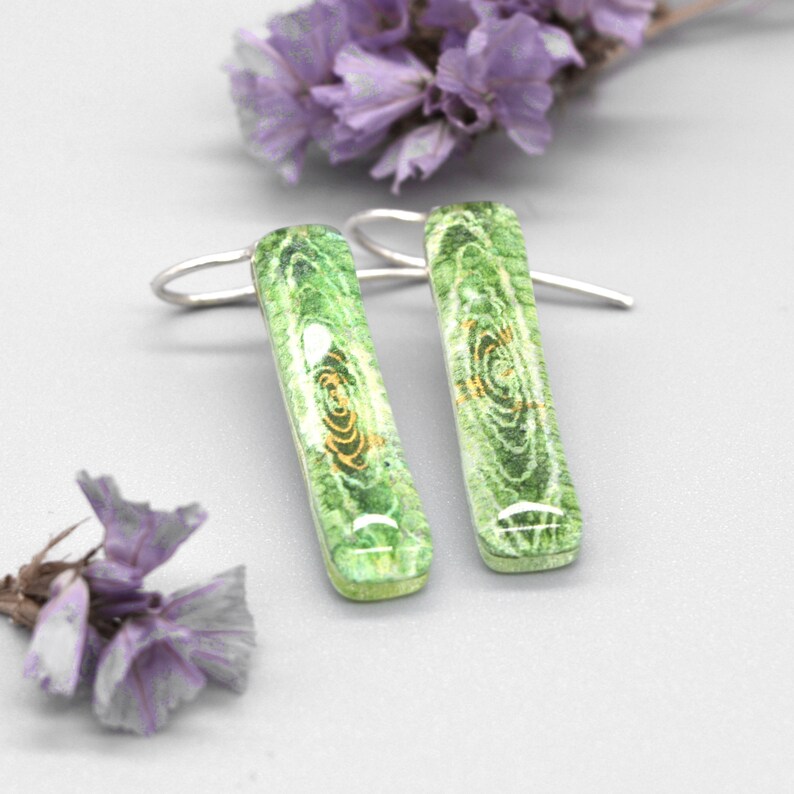 Green fused glass earrings dangles, Sterling Silver, Colorful rectangle bar earrings, Unique jewelry Gift Under 50 for Sister, Eco gifts image 6