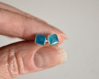 Tiny turquoise stud earrings, Recycled glass mini earrings, SterlingSilver, Square enameled earrings, Sustainable gift for girl friend