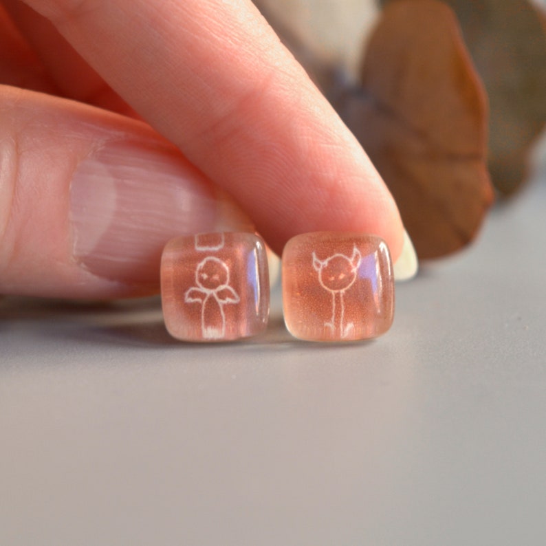 Fun earrings with devil and angel, Pink quirky stud earrings, Sterling silver and fused glass, Unique gift for friend, Gifts under 50 image 4