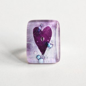 Oversized fun glass ring, Purple or black heart, Love jewelry, Rectangle ring for her, Mothers Day gifts under 50 Purple