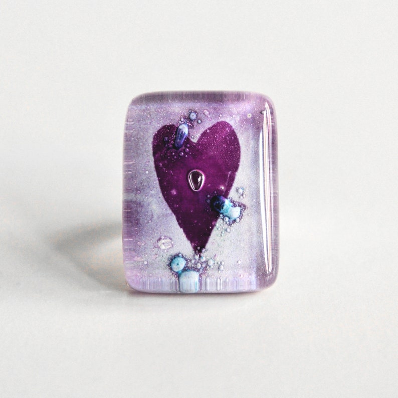 Oversized fun glass ring, Purple or black heart, Love jewelry, Rectangle ring for her, Mothers Day gifts under 50 Purple