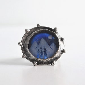 Winter mountain ring, Western cocktail rings, Bold stained glass jewelry, Sustainable nature gift for wife, Pewter jewelry image 2