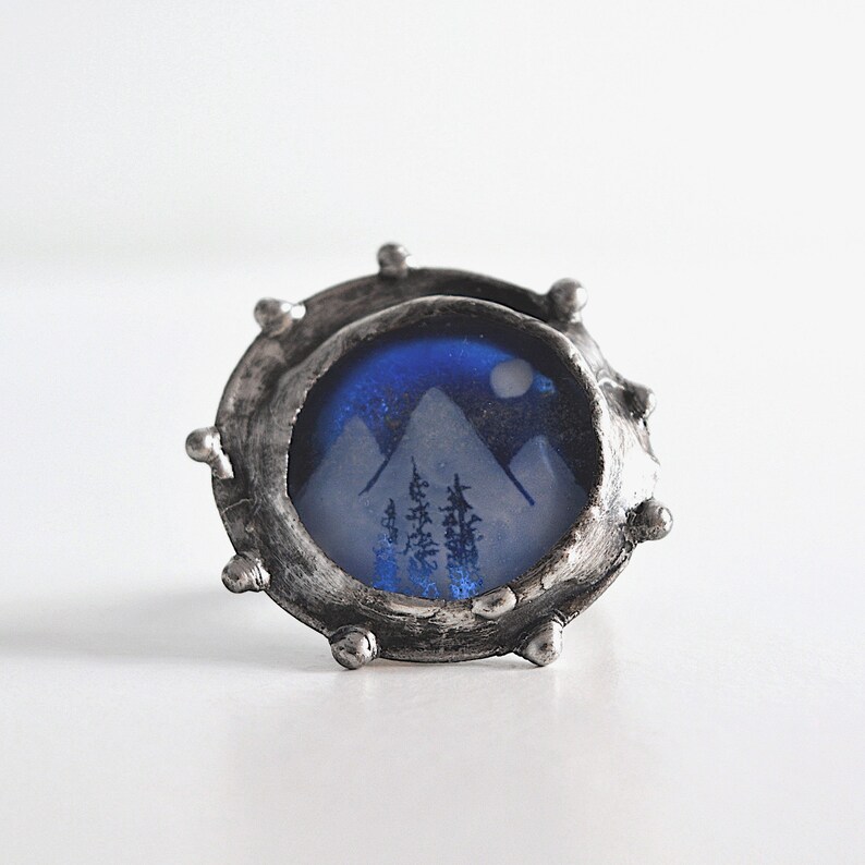 Winter mountain ring, Western cocktail rings, Bold stained glass jewelry, Sustainable nature gift for wife, Pewter jewelry image 2