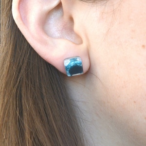 Turquoise blue glass earrings studs, Recycled glass and sterling silver, Unique small earrings, Handcrafted artisan gift for her