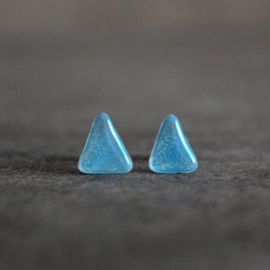 Turquoise triangle earrings, Enamel glass and sterling silver posts, Small earrings stud image 3