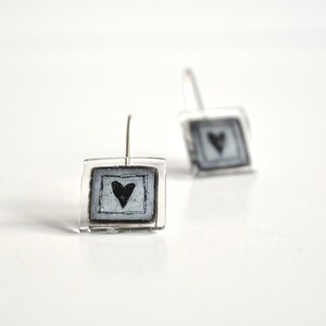 Fused glass heart earrings, black and gray square glass, Sterling silver hook, Unique dangle earrings, Eco friendly Mothers day gift image 3