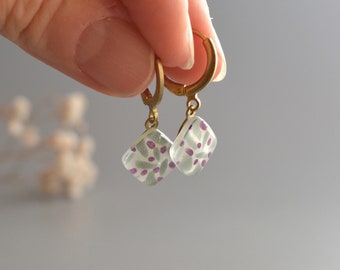 Tiny dangle earrings gray and purple, Golden huggie hoop, Crafted fused glass charm earrings, Unique gift for girl friend, Gifts under 50