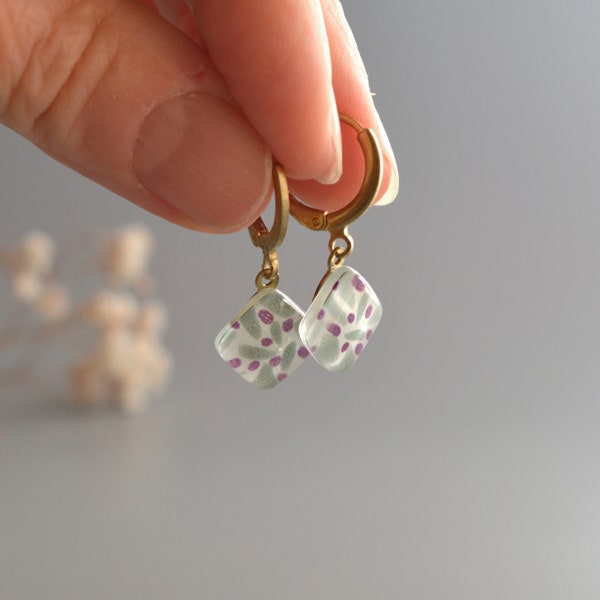 Tiny dangle earrings gray and purple, Golden huggie hoop, Crafted fused glass charm earrings, Unique gift for girl friend, Gifts under 50