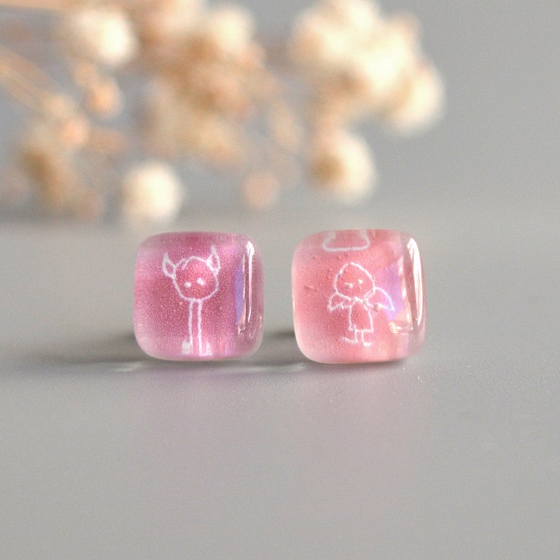 Fun earrings with devil and angel, Pink quirky stud earrings, Sterling silver and fused glass, Unique gift for friend, Gifts under 50 Pink