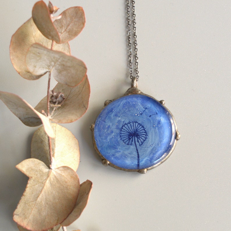 Blue dandelion necklace, Fused glass pendant, Unique art jewelry, Stained glass, Hand painted make a wish necklace, Nature gift for women image 6